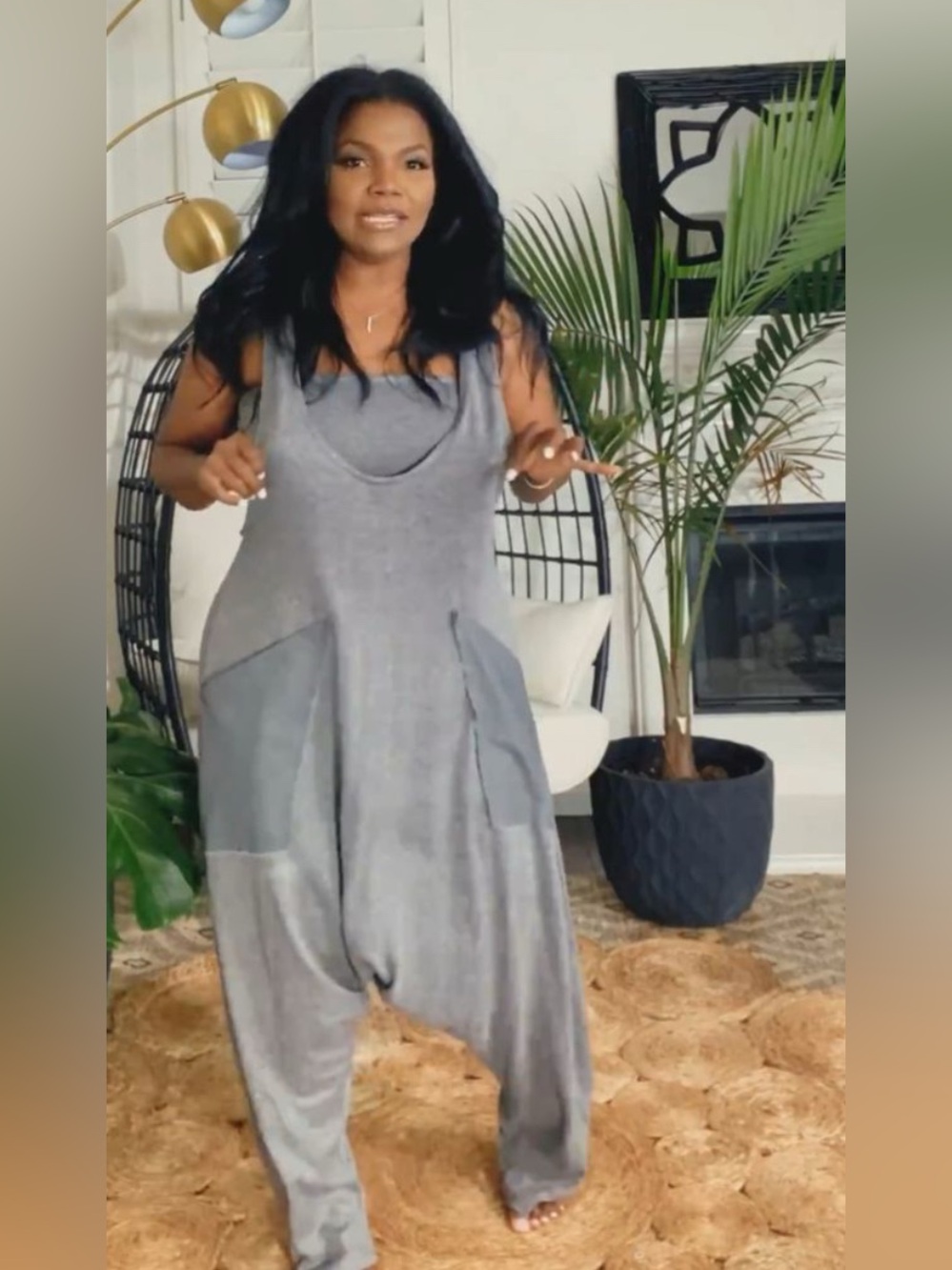 Drop Crotch Harem Jumpsuit Set Womens M Gray Relaxed Boho Loungewear Minimalis